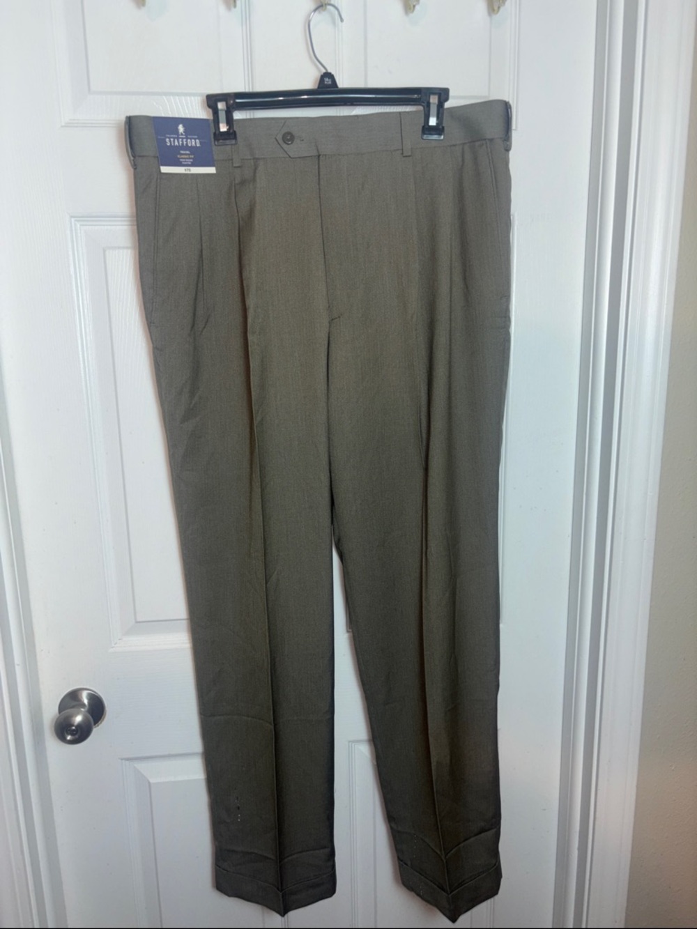 Stafford Men's British Khaki Dress Pants Pleated Flat Front Travel Classic Fit